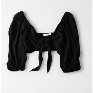 American Eagle Puff Sleeve Tie Front Crop/Bra Top